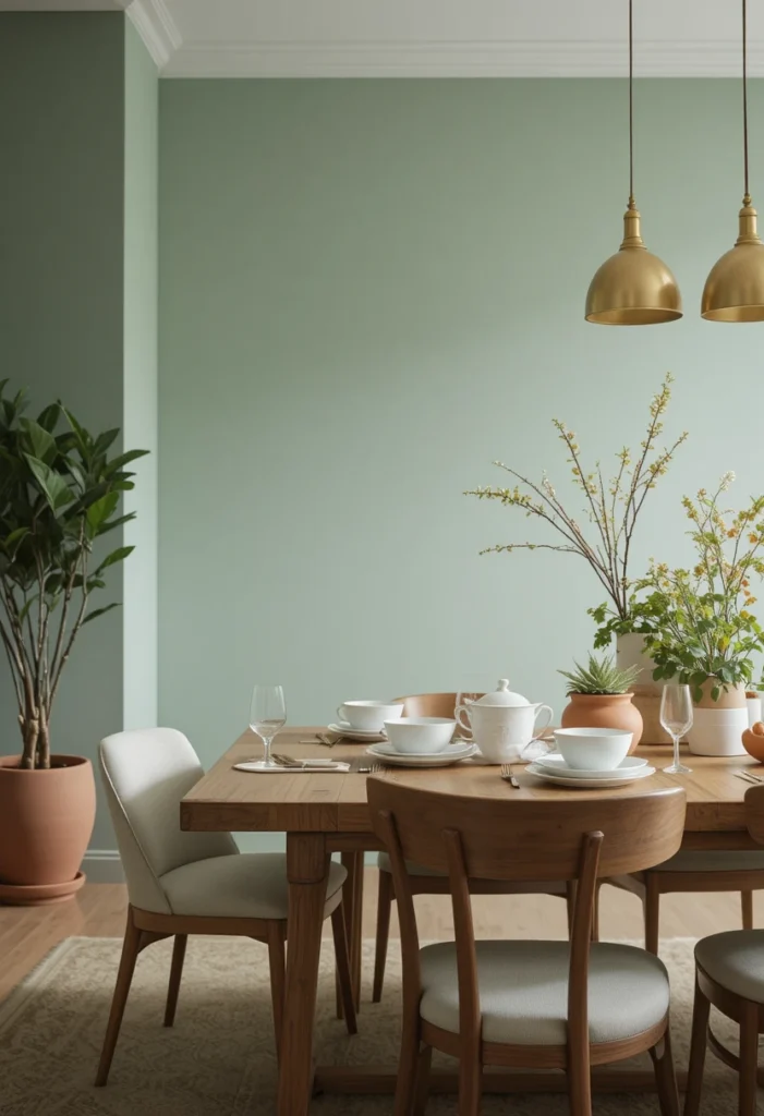 Sage green dining room with natural wood and earthy accents