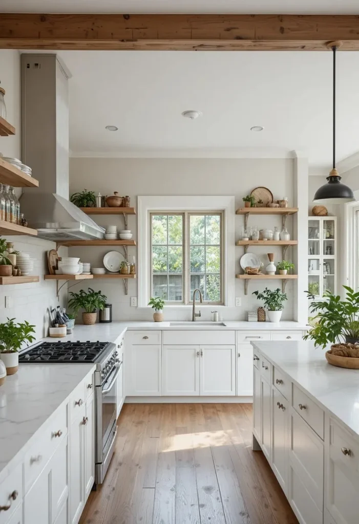 Kitchen with floating shelves replacing traditional upper cabinets.