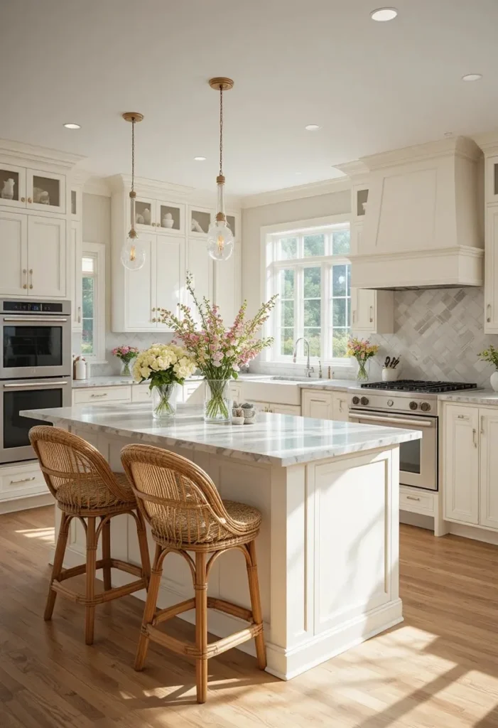 U shaped kitchen with island breakfast bar and comfortable rattan stools for casual dining.