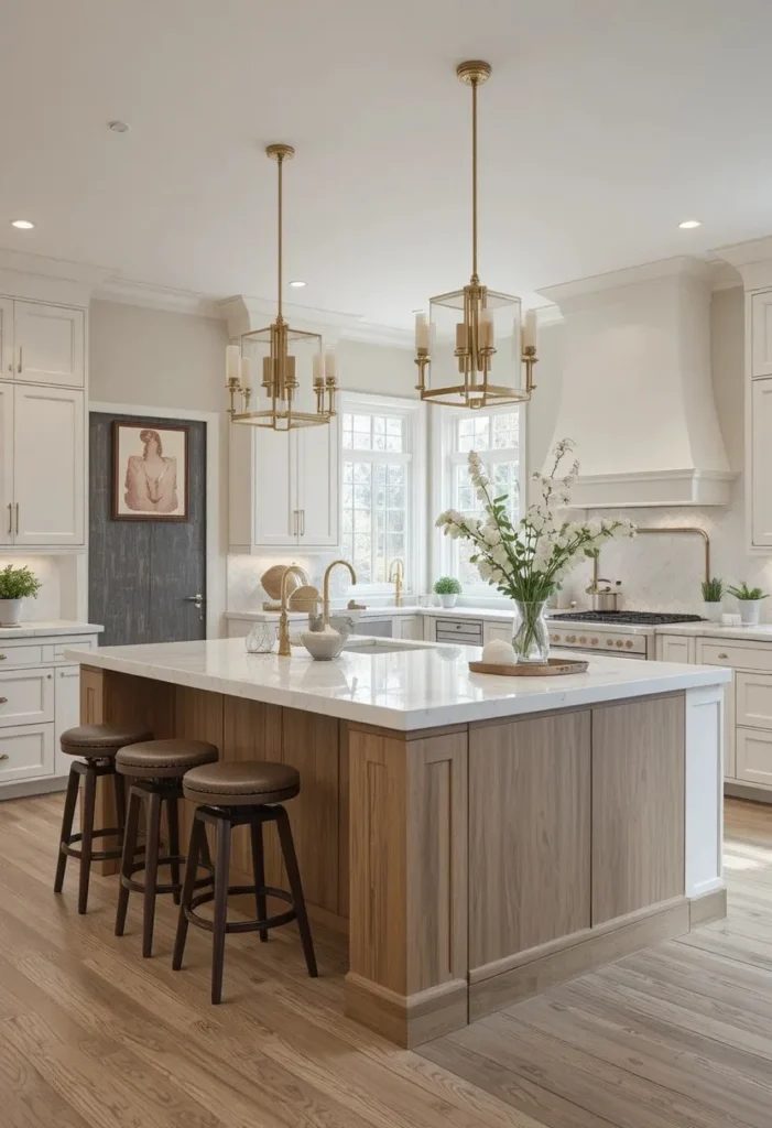 U shaped kitchen featuring a mixed-material island with wood and quartz finishes.