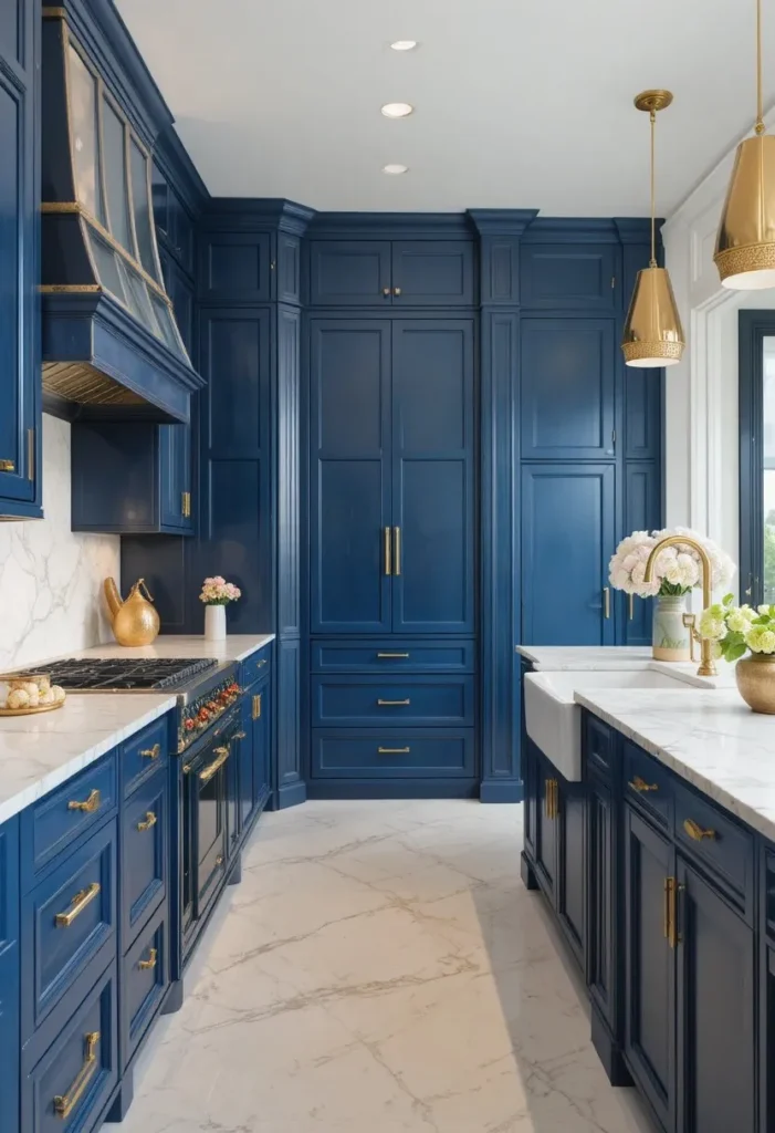 Blue kitchen cabinets enhanced with elegant gold hardware and fixtures.