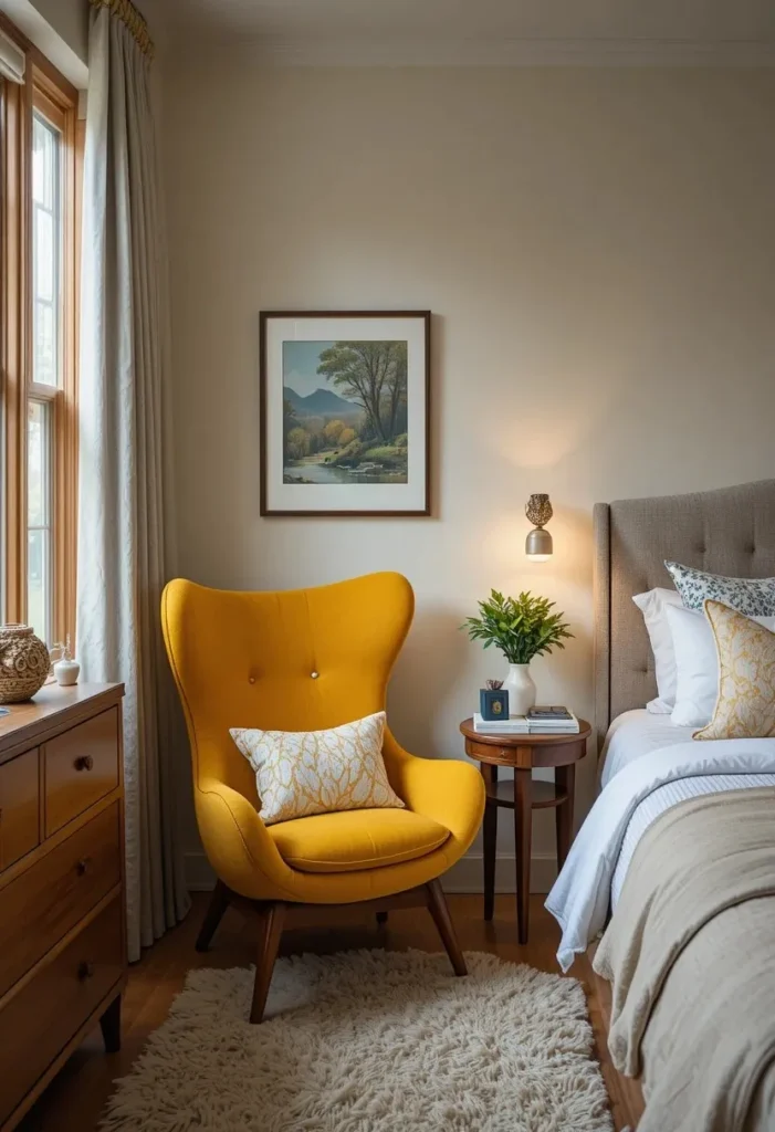 Mid century modern egg chair creating a cozy bedroom reading corner.