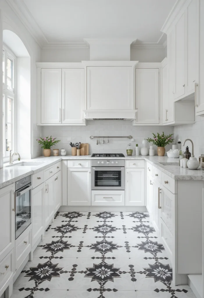 White kitchen featuring bold patterned floor tiles as the focal point.