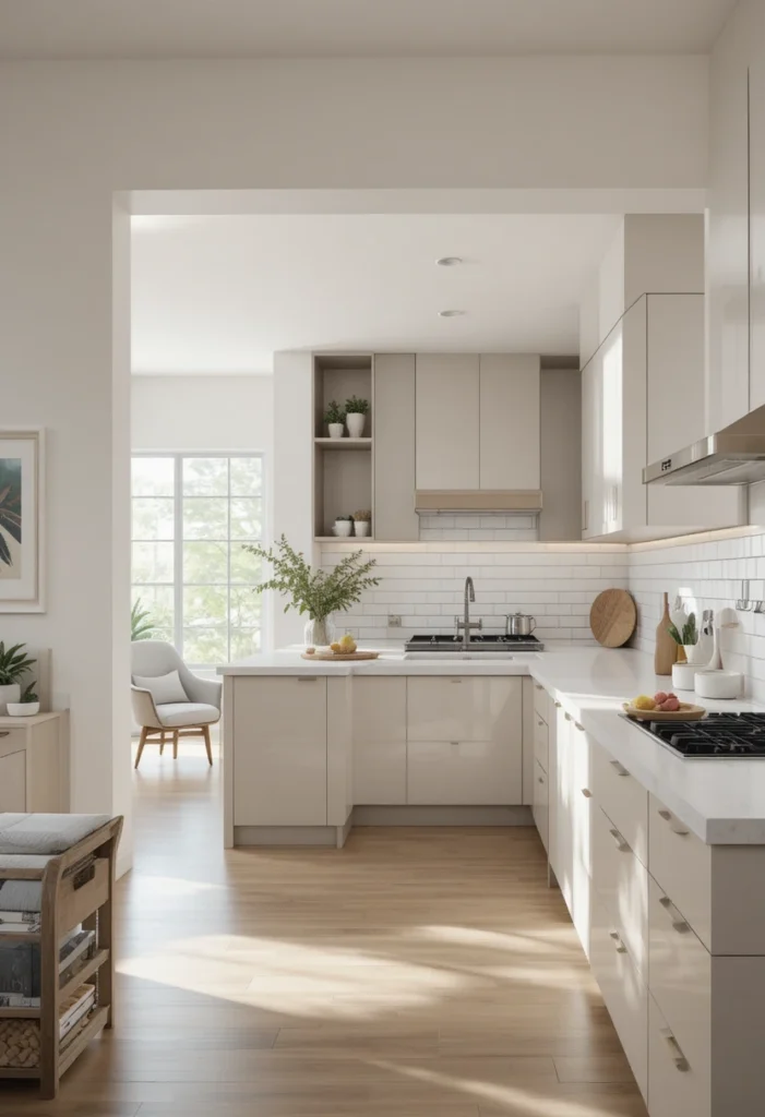 Simple white backsplash creating a clean look in an open concept home.