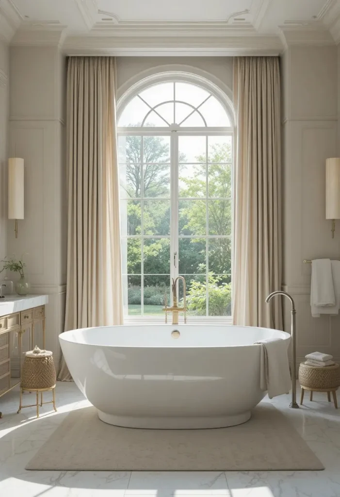 Freestanding bathtub positioned beside a bright window in a luxury bathroom.