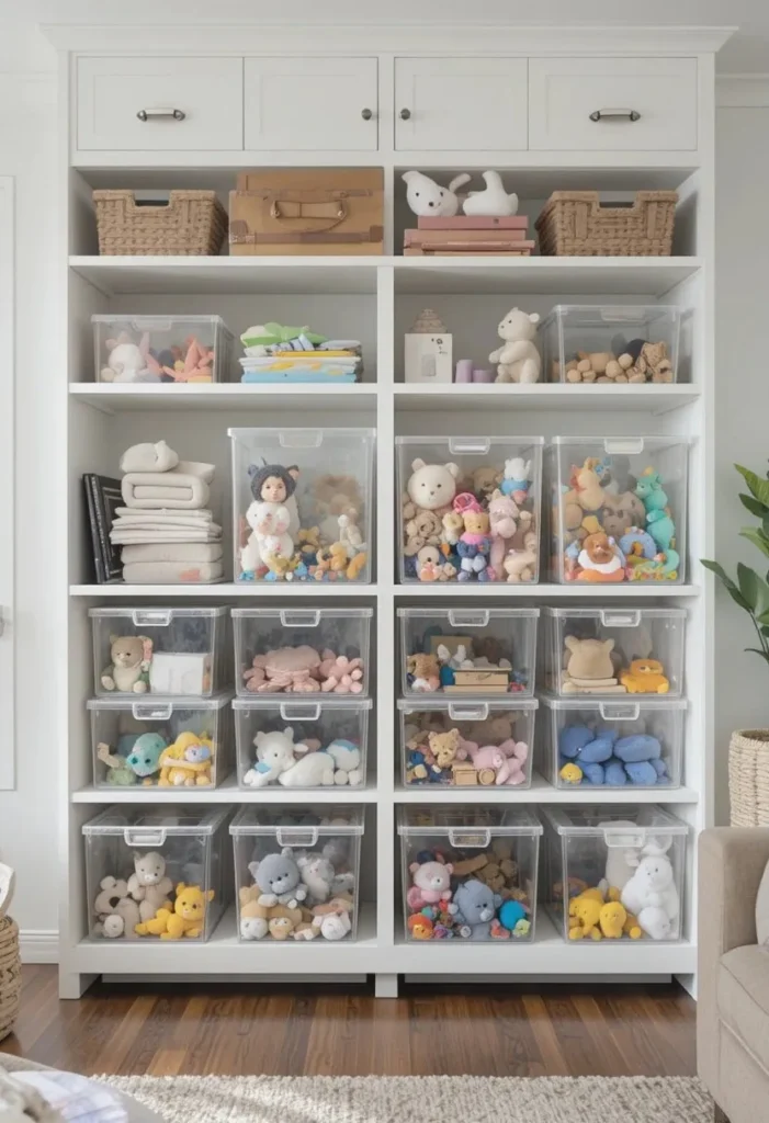 Clear acrylic bins on low shelving keeping toys visible, organized, and easy to access.