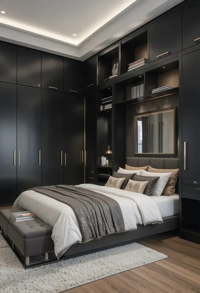 Matte black wardrobes with silver handles creating stylish bedroom storage.