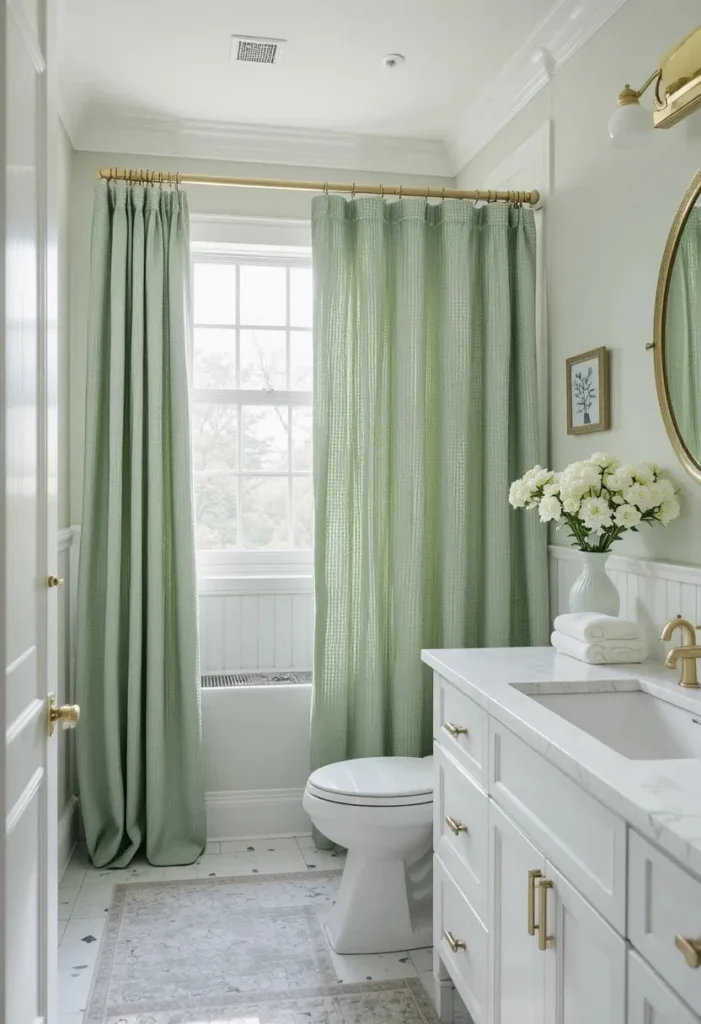 Matching sage green bathroom curtains creating a cohesive and polished design.