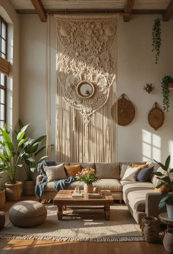 Macrame hanging room divider creating a soft bohemian separation.
