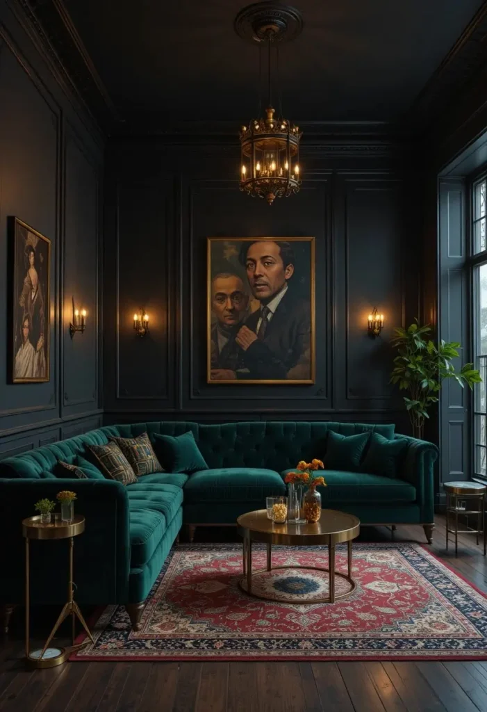 Dark and moody sunken living room with velvet furniture and dramatic lighting.