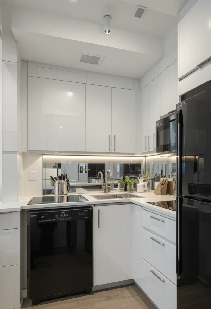 Small kitchen with black appliances designed for smart space use