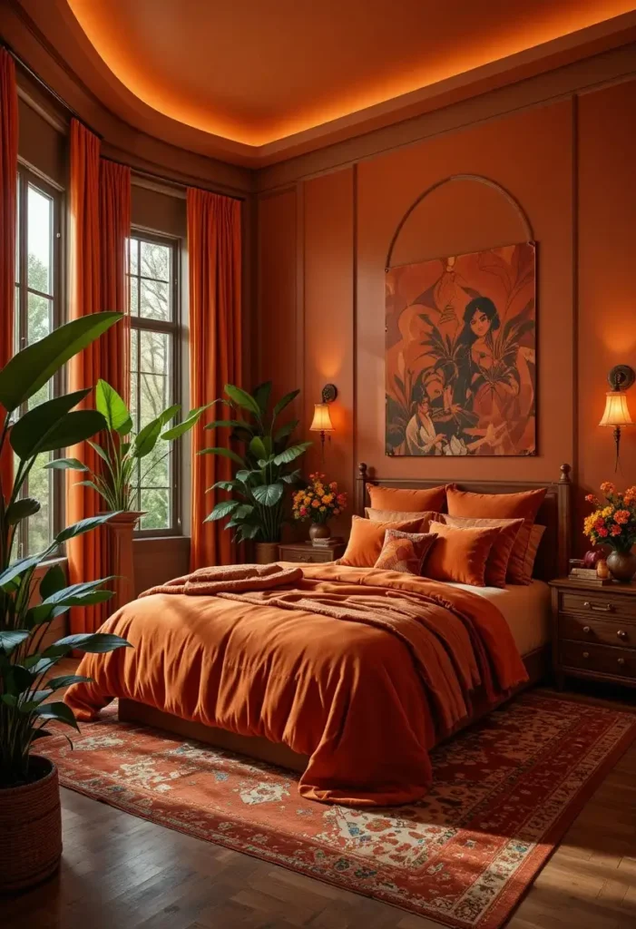Maximalist orange bedroom layered with warm tones, textures, and plants.