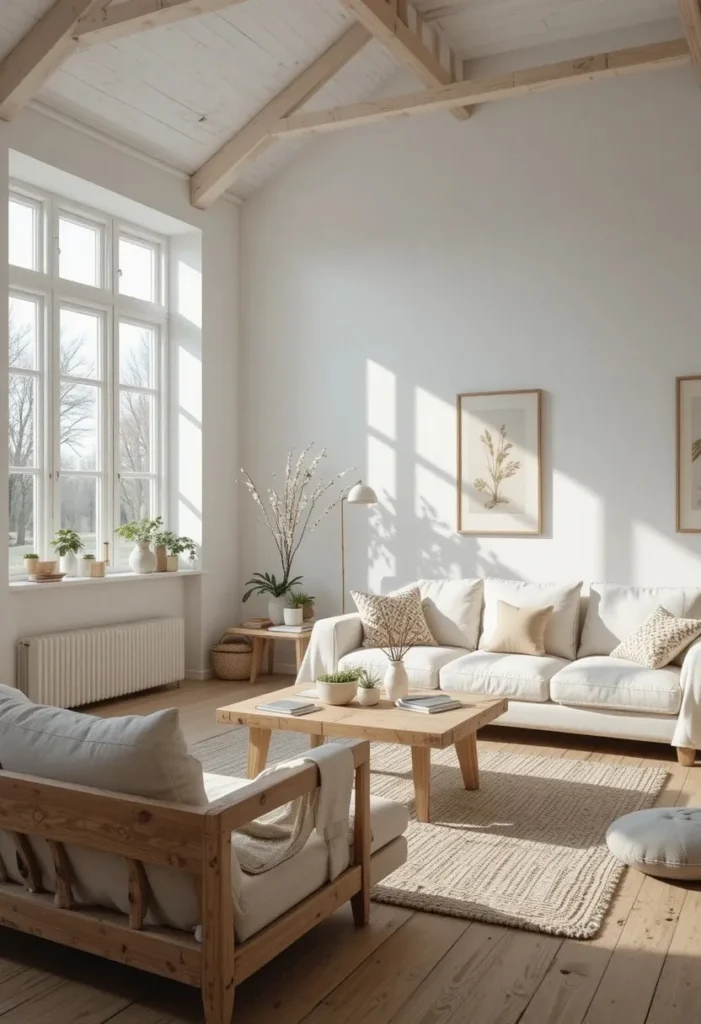 Scandinavian living room with warm white walls and natural oak furniture creating a bright, inviting atmosphere.