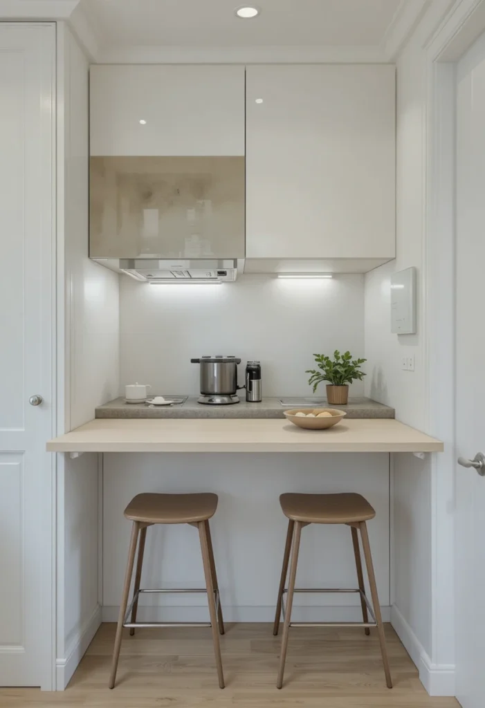 Fold-down wall table providing dining and prep space in a small kitchen.