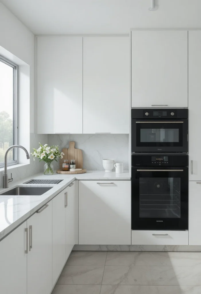 Minimalist white kitchen with bold black appliances