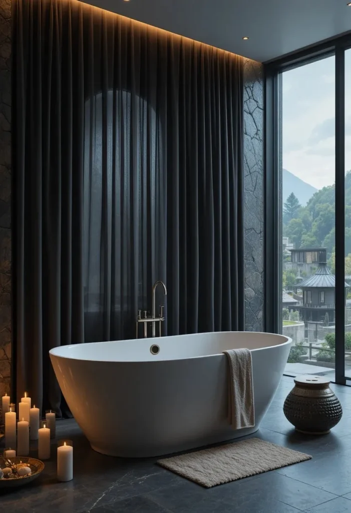 Charcoal blackout curtains creating a cozy spa-like bathroom retreat.