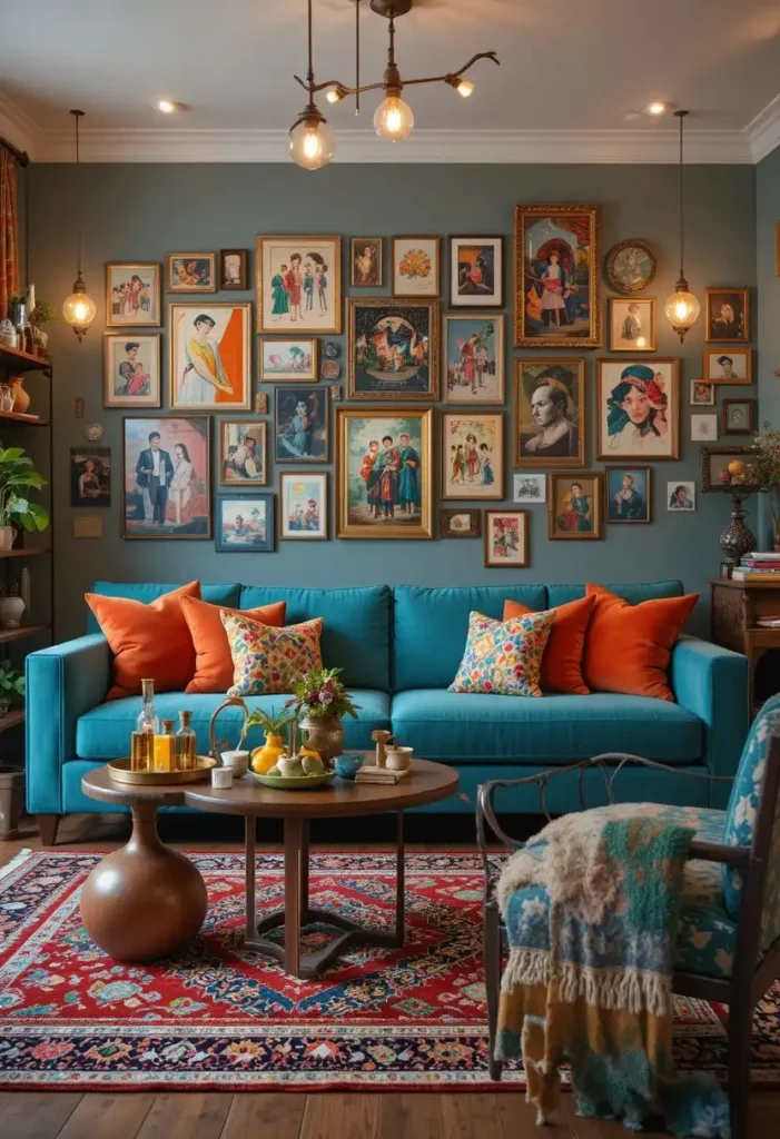 Teal blue couch styled with eclectic decor and warm jewel-toned accents.