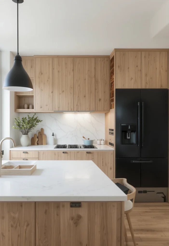 Modern wood kitchen with black appliances and natural Scandinavian style