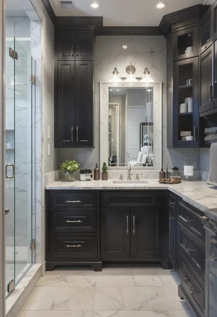 Smart bathroom storage solutions keeping surfaces clean and organized.