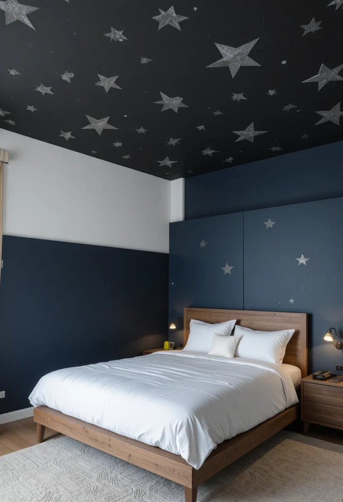 Black ceiling decorated with hand-painted silver stars in a modern space themed bedroom.