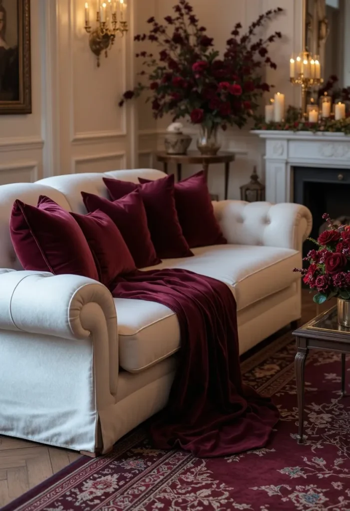 White couch paired with deep burgundy accents for dramatic sophistication.