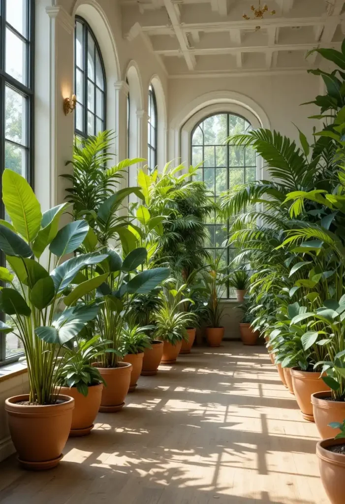 Tall indoor plants forming a natural green divider in an open-plan living room.