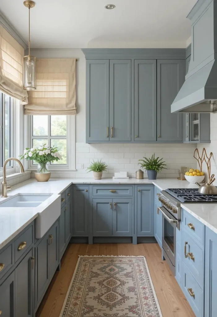 Dusty blue kitchen cabinets creating a refined and elegant space.
