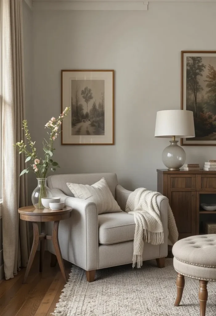 Rounded barrel chair creating a cozy seating area in a small living room.