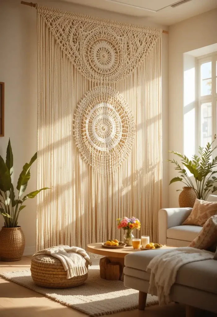 Large macrame hanging creating a soft decorative divider in a living room.