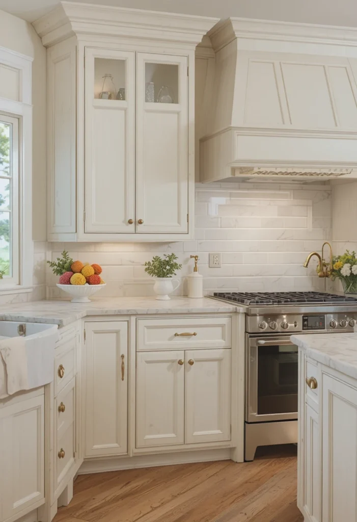White oak kitchen cabinets accented with brushed brass hardware for timeless elegance.