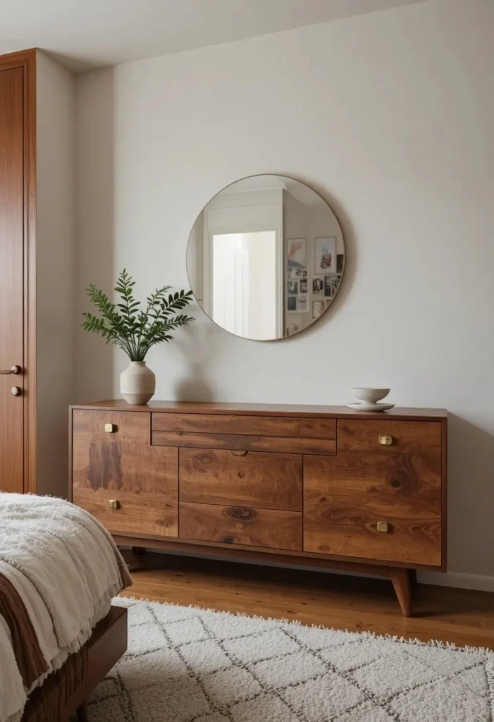 Walnut dresser with brass hardware in a warm mid century modern bedroom.