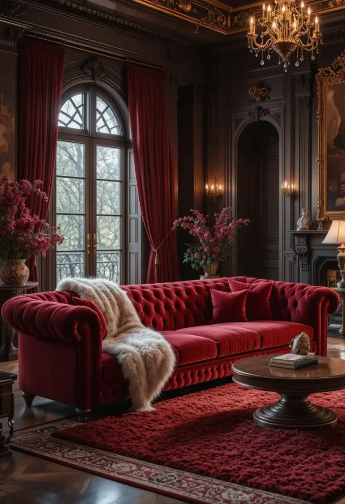 Red velvet couch with layered rich textures in a luxurious living room.