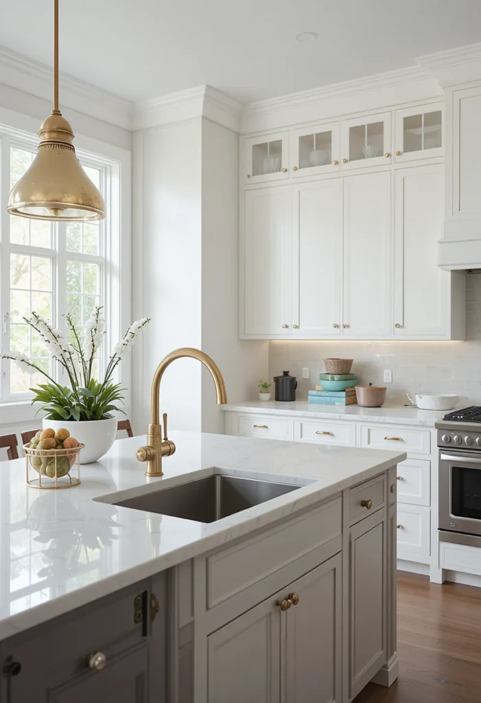 Kitchen island with built-in prep sink and brass faucet in a one wall layout.