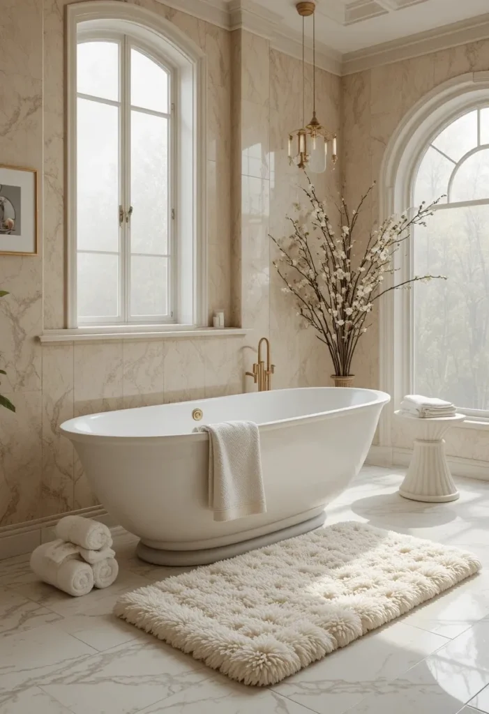 Plush ivory bathroom rug beside a freestanding bathtub in a warm spa-inspired bathroom.