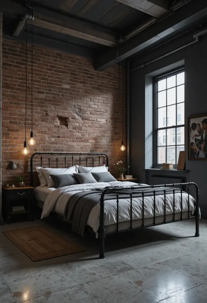 Industrial dark gray bedroom with exposed brick and modern loft-inspired details.