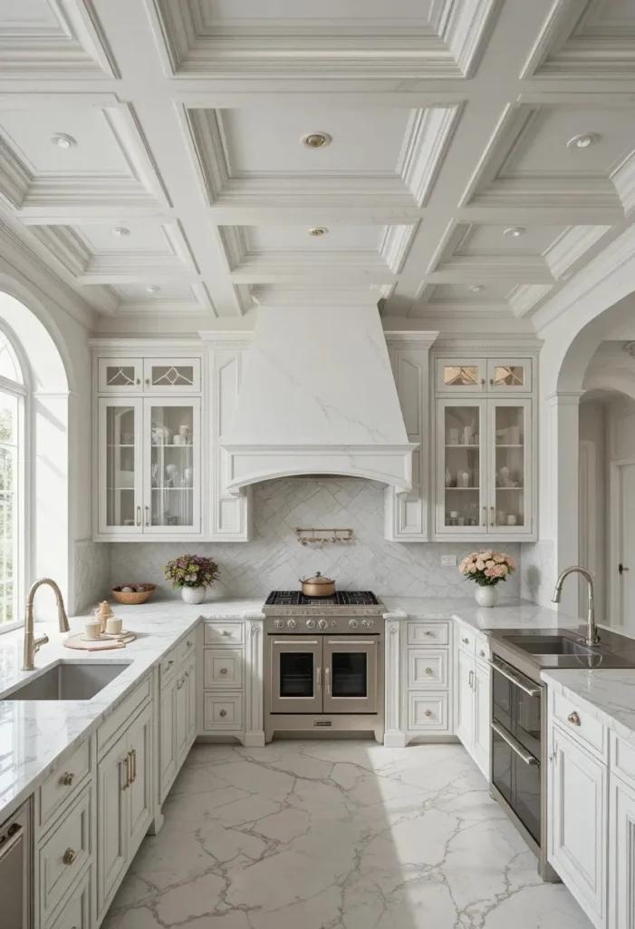 Elegant kitchen featuring a classic white coffered ceiling design.