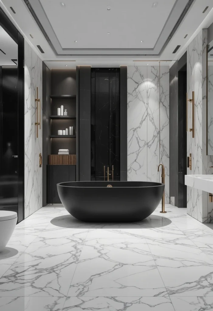 Matte black freestanding bathtub creating a bold statement in a luxury bathroom.