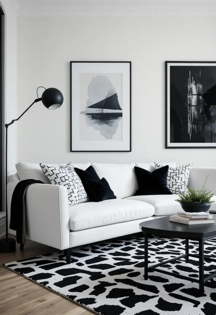White couch with bold black accents creating a modern graphic living room.
