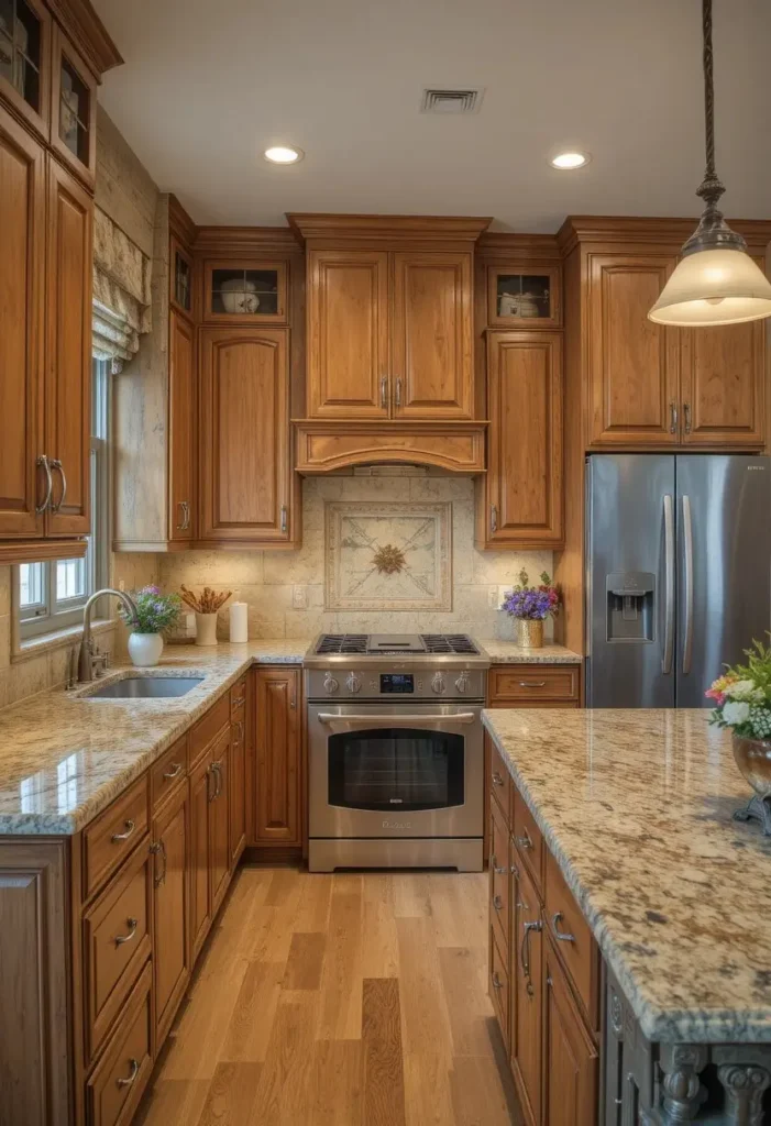 Hickory cabinets beautifully paired with warm granite countertops.