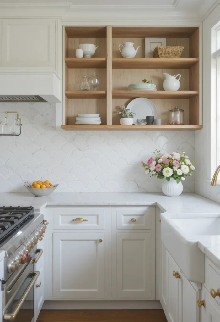 Scallop tile backsplash adding soft texture and charm to a bright kitchen.
