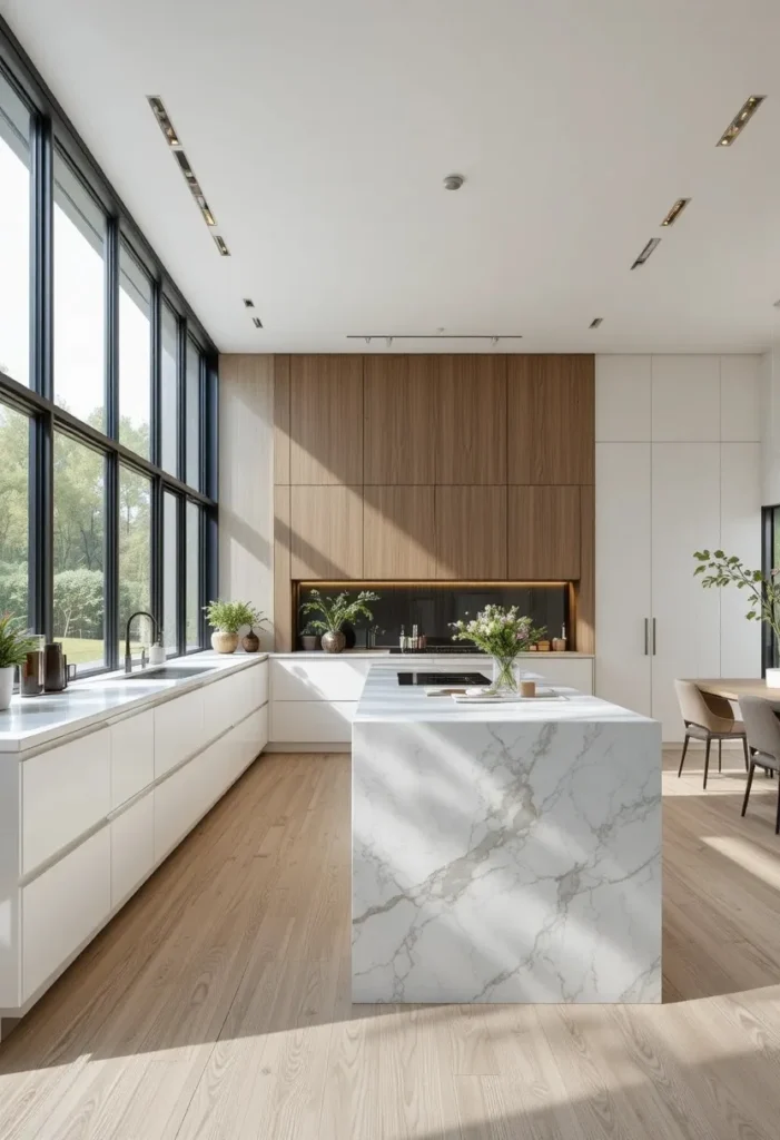 Slim center island in a one wall kitchen with white cabinets and bright modern styling.