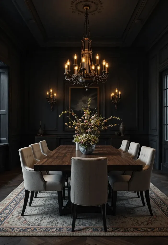 Soft black dining room with warm lighting and rustic wood table