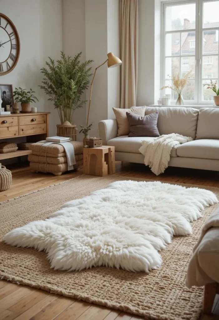 Scandinavian living room with layered sheepskin and jute rugs adding warmth and texture.