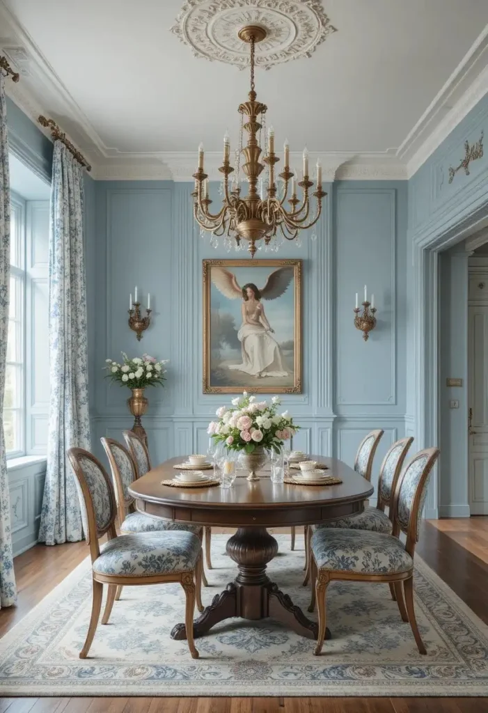 French blue dining room with toile curtains, antique dining table, and brass chandelier.