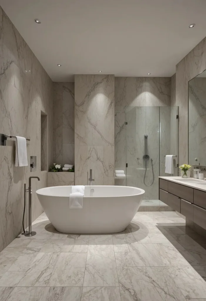 Open-concept wet room bathroom with seamless flooring and shower space.