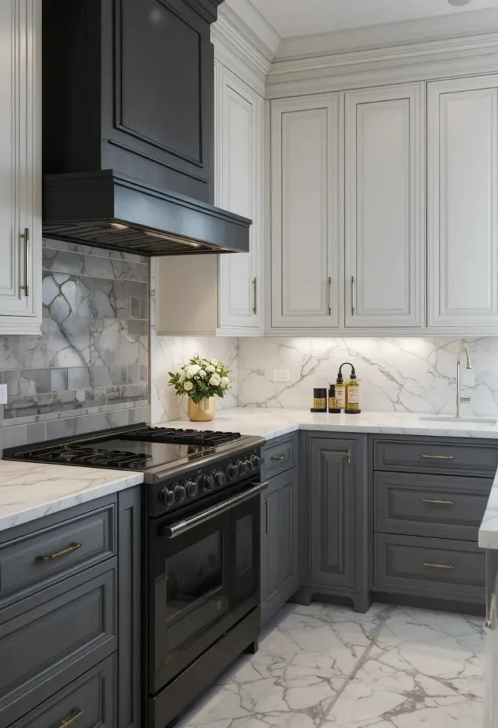 Elegant kitchen with marble counters and black appliances