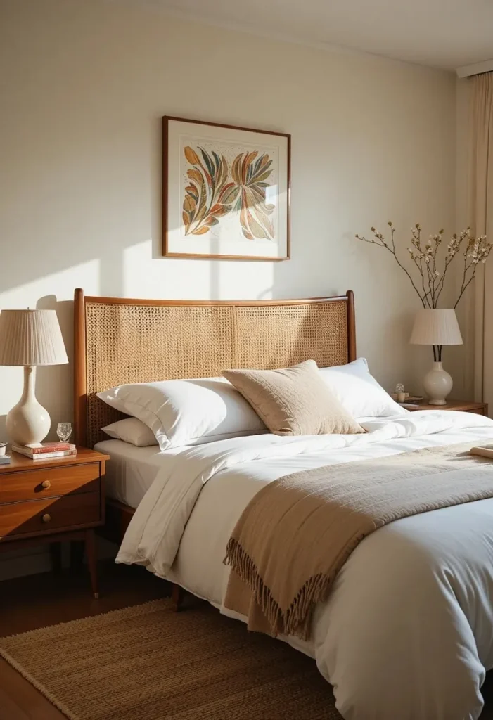 Cane headboard adding natural texture to a mid century modern bedroom.