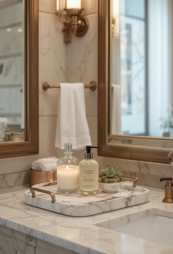 Guest bathroom vanity tray with carefully arranged essentials and decor