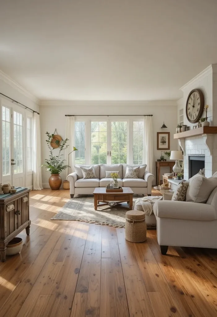 Warm honey wood flooring enhancing the cozy farmhouse living room aesthetic.