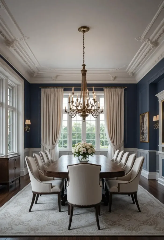 Deep navy blue dining room with white trim, walnut dining table, cream chairs, and brass chandelier.